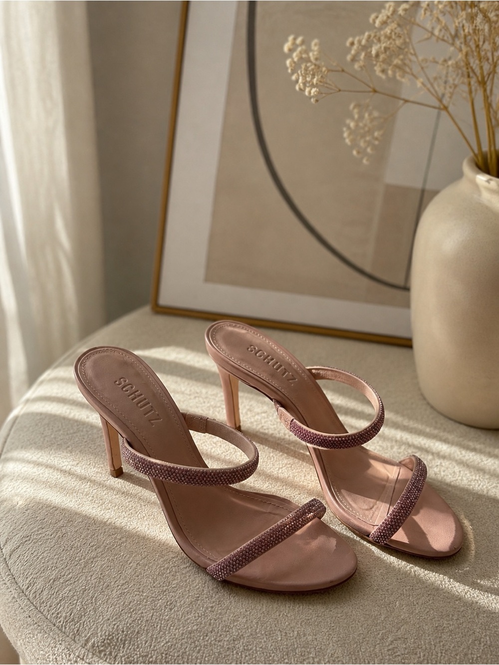 SCHUTZ Rose Pink Beaded Double-Strap Stiletto Heels